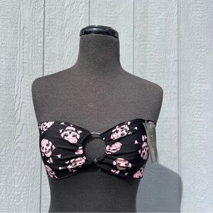 NWT VTG Y2K Zuliana Black and Pink Skull Print Bandeau Bikini Top, OSFM